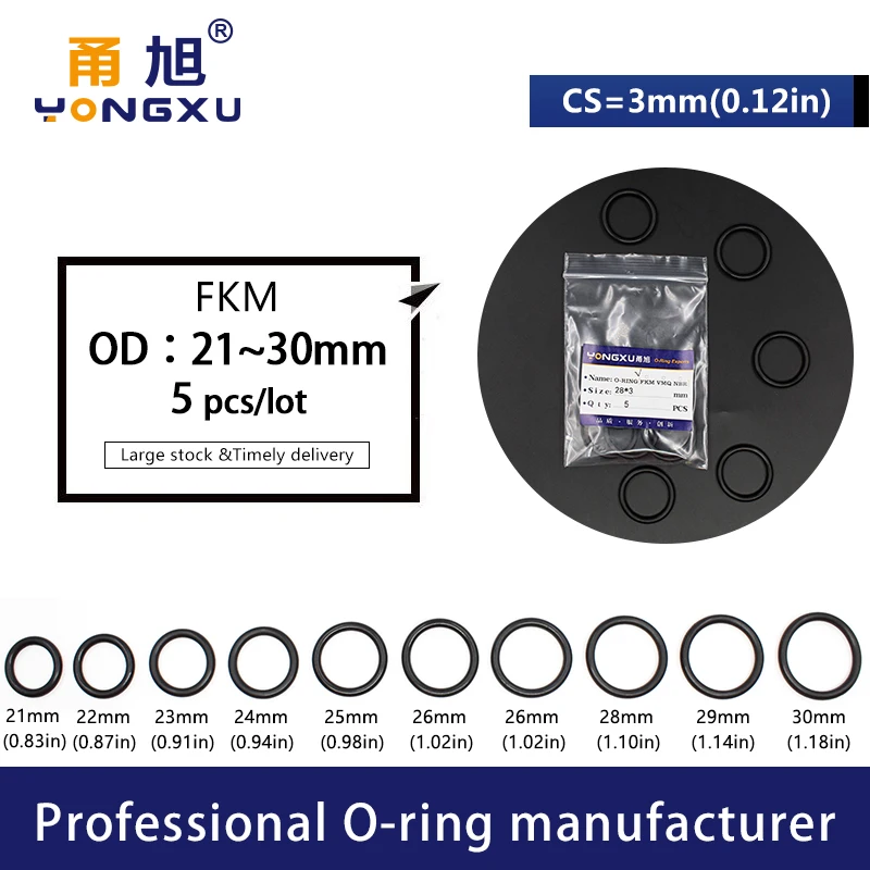 5PCS/lot Fluorine rubber Ring Black FKM Oring Seals CS3mm OD21/22/23/24/25/26/27/28/29/30*3mm Seal Gasket Oil Rings Fuel Washer