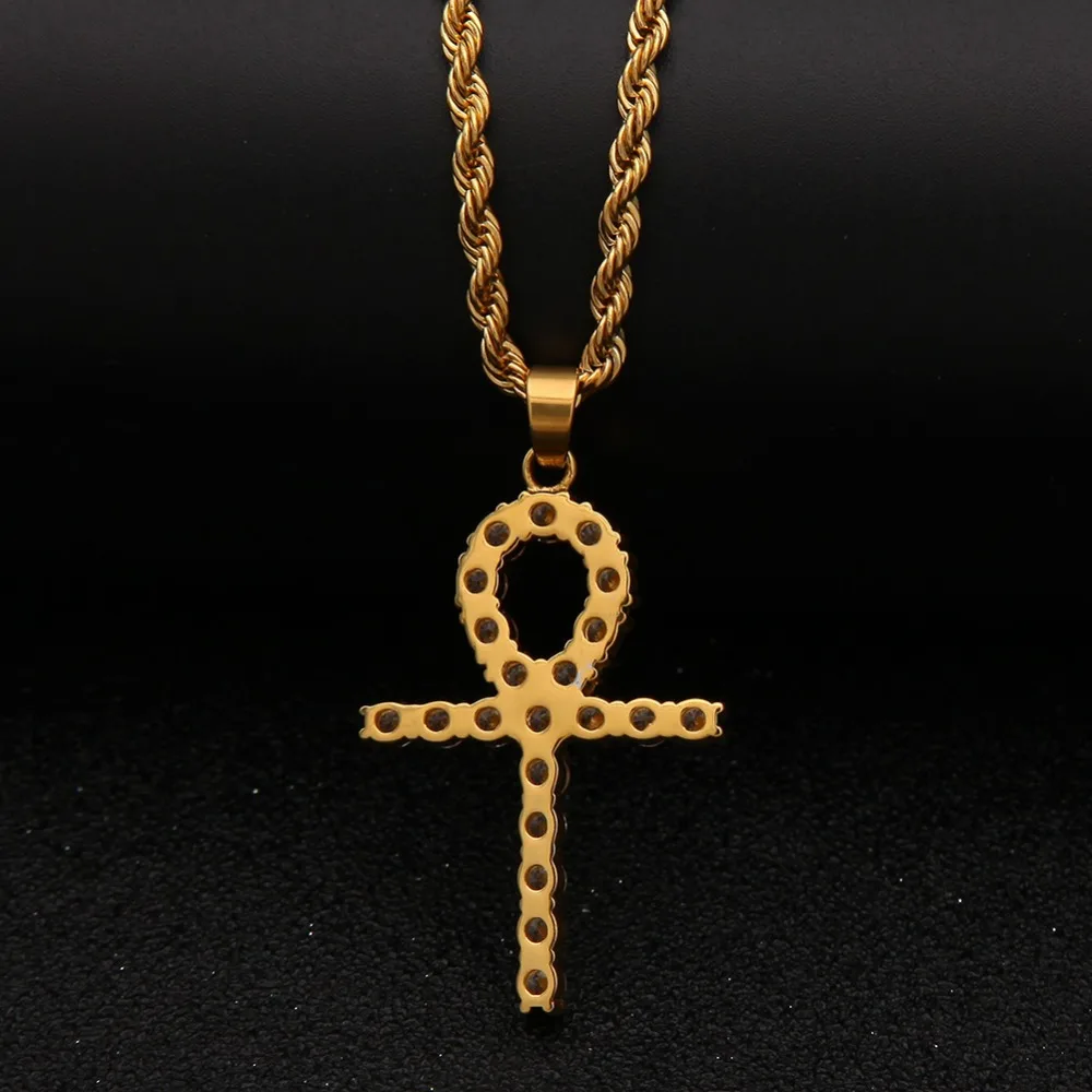 TBTK Egyptian Ankh Key of Life Pendant Necklace Beautiful Cross Pendant Jewelry Costume Necklaces for Hiphop Man Shining Zircon