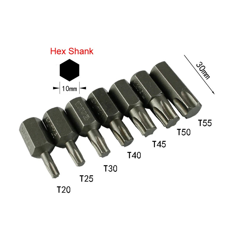 7pcs/set Industrial-grade Durable 10mm Hex Shannk Heavy Duty Impact Torx Screwdriver Bit 30mm Length T20 T25 T30 T40 T45 T50 T55