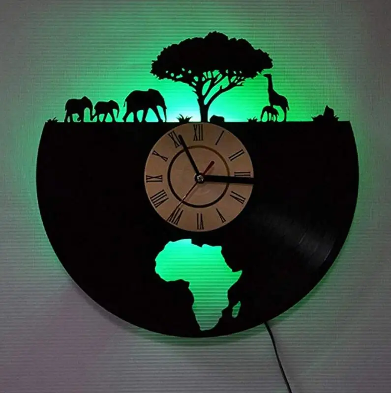 Vinyl Wall Clock - LED Colorful Lights Clock - African Elephant Wall Clock - Silent Non Ticking Battery Operated Wall Clock