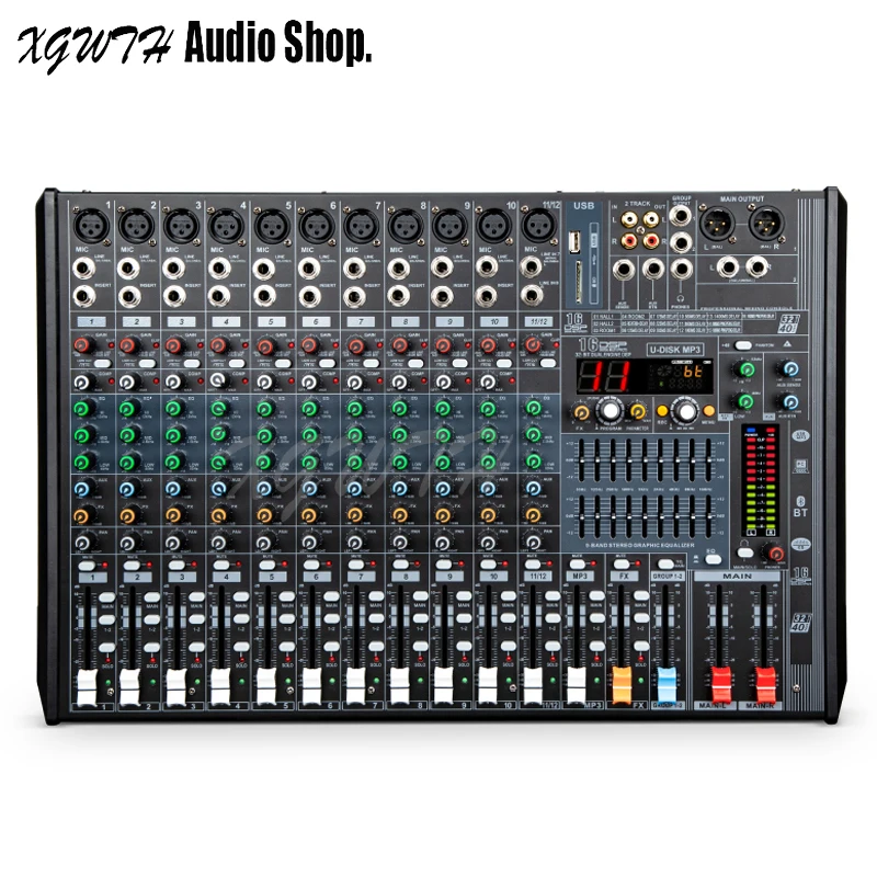 12 Channel Mixer 16 DSP Digital Reverb Effect USB +48V Phantom Power Bluetooth Sound Mixing Console for DJ Stage Audio Equipment