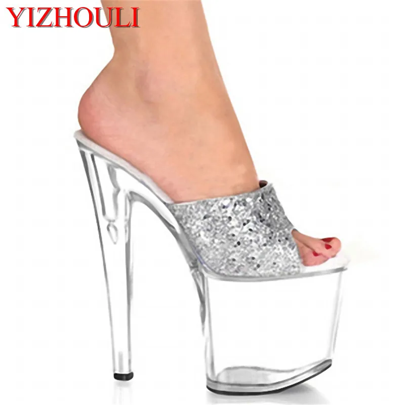 

20cm high heels and a silvery transparent model show off new sandals, temperament and high-heeled dancing shoes