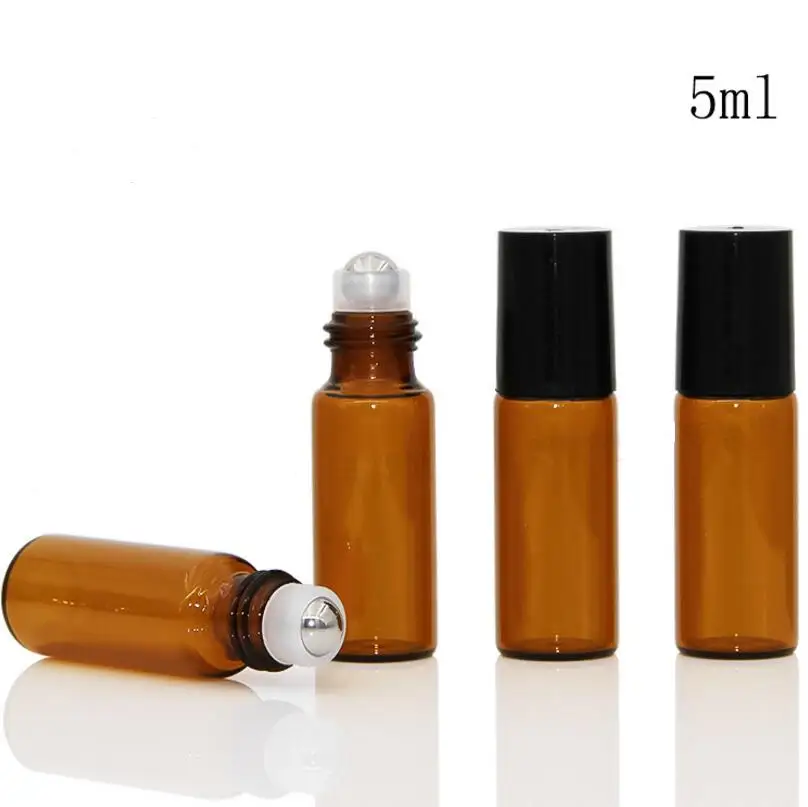 Refillable 5ml Amber Steel Metal Roller ball Roll On  Perfume Glass Bottles Essential Oil Bottle LX1028