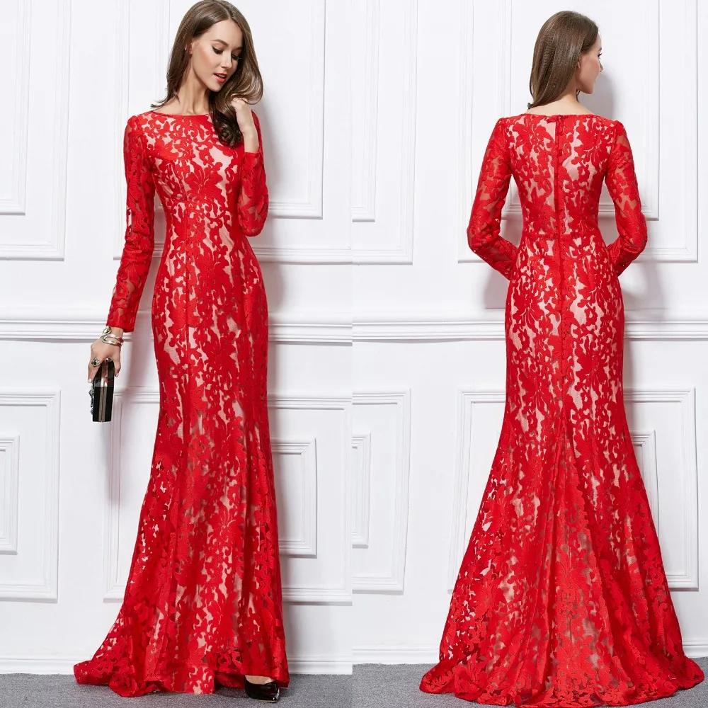 New 2018 Boat Neck Mermaid Full Sleeve Lace Long formal ball gown  Party Wedding Dresses Red US size 4  6 8 10 12