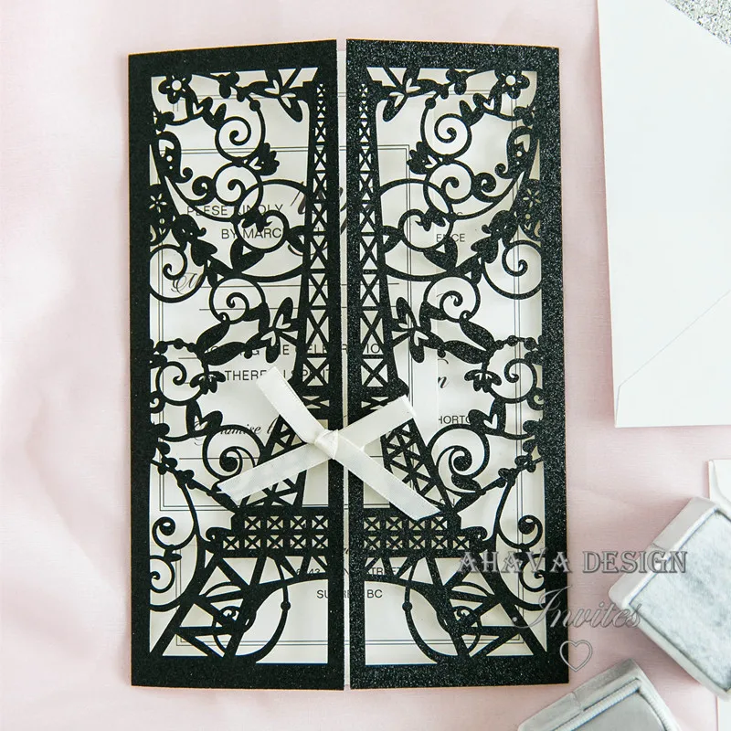 Paris Tower Laser Cut Wrap With Pattern And Bow, Eltgant Invitation