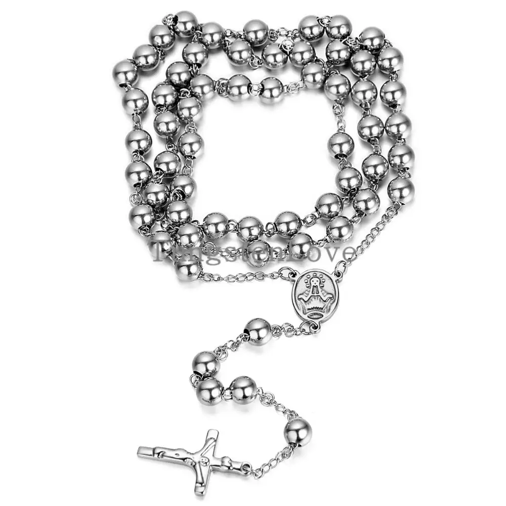 Vintage Mens Stainless Steel Necklace Long Link Bead Chain Silver Color Rosary Jesus Christ Crucifix Cross (with Gift Bag)