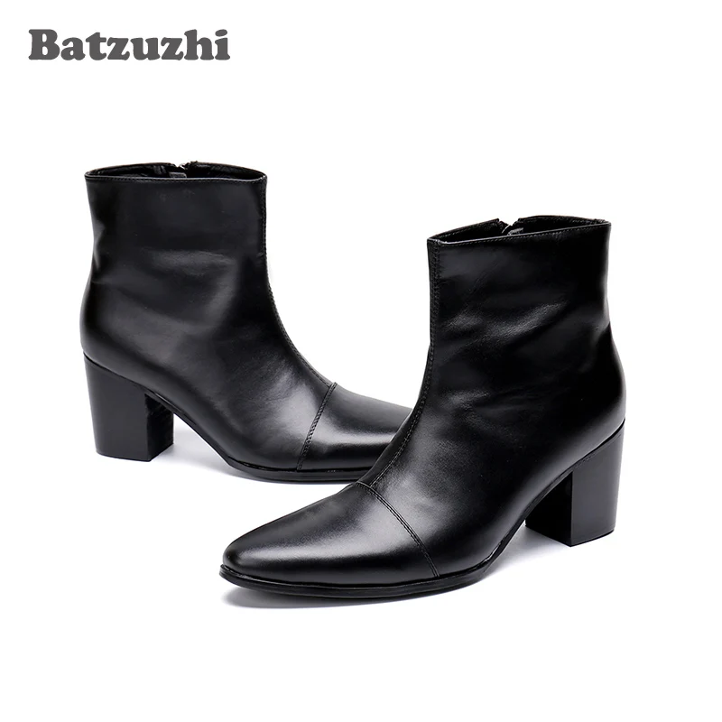 Batzuzhi Botas para Hombre, Botas de tacón alto de 7CM de cuero genuino, Botas de caballero negras hasta el tobillo para Hombre, Botas bonitas para