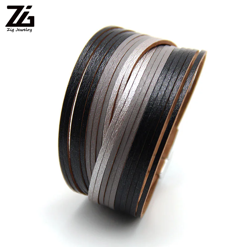 ZG New Bracelets For Women Gold Leather Wrap Gold Sliver Color Multiple Layers Charm Party Fashion Bangle Female Jewelry