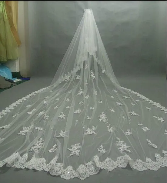 Gorgeous 3m Lace Cathedral Wedding Veil With Sparkling Diamond Two Layer White/Ivory Bride Wedding Veil