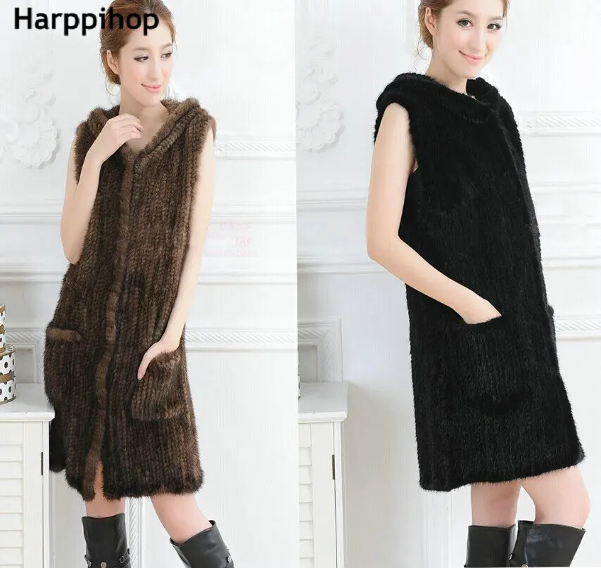 Women Real Knitted Mink Fur Vest With Belt Long Design Genuine Fur Coat With Hood Cape Jacket Mink Overcoat winter 2017 New