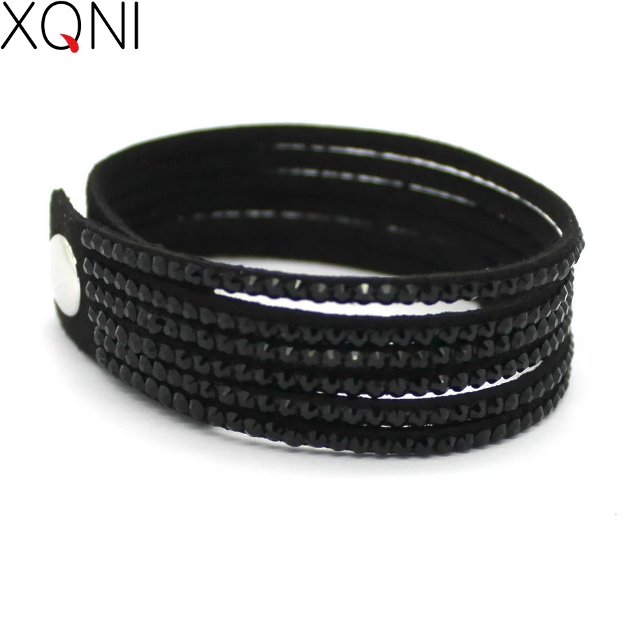 XQNI Fashion Jewelry Crystal Leather Men Bracelet Trendy Mosaic Brand Rhinestone Classic Black Charm Bracelet Jewelry For Friend