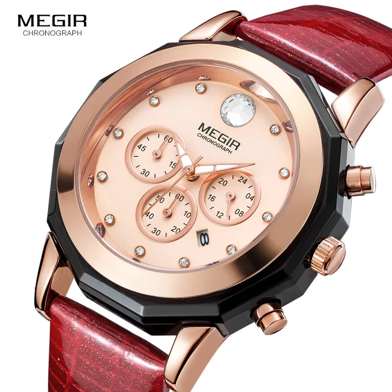 Megir Fashion Quartz Watch Women Luxury Chronograph Wrist Watch Lady Red Genuine Leather Strap Waterproof Relogio Femininos 2042