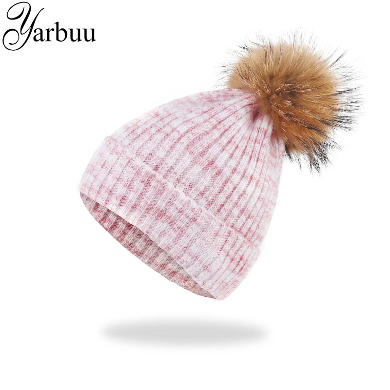 [YARBUU] Brand pom poms winter hat for women mink fur ball hats new fashion high quality knitted beanies cap thick female cap