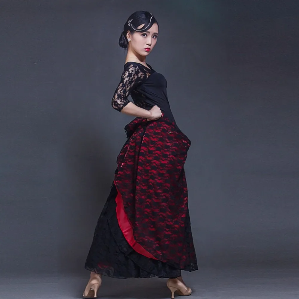 Robe de danse moderne en dentelle à grandes ailes, perspective noire, costume de valse, tango, flamenco, pratique de la danse, manches longues, épissage, nouveau