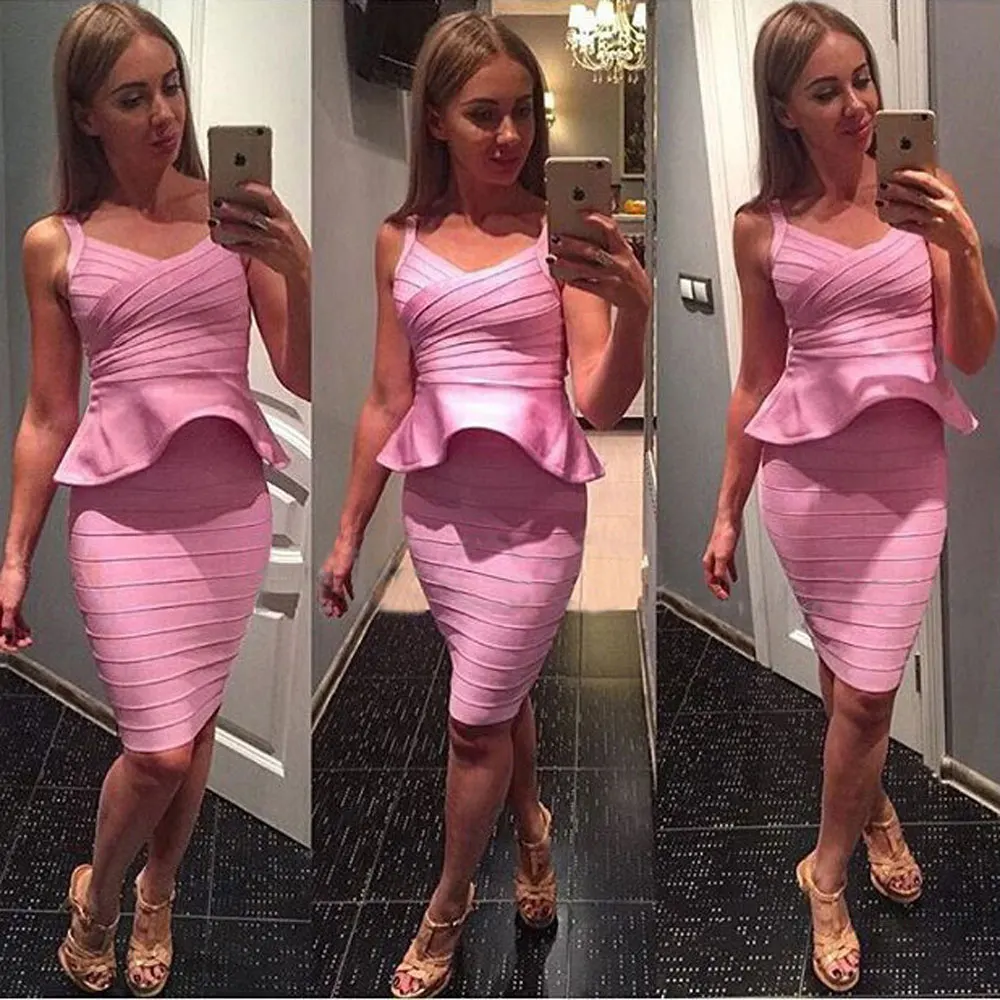 rayon pink 2 piece bandage dress flouncing knee length peplum v neck spaghetti strap for party club