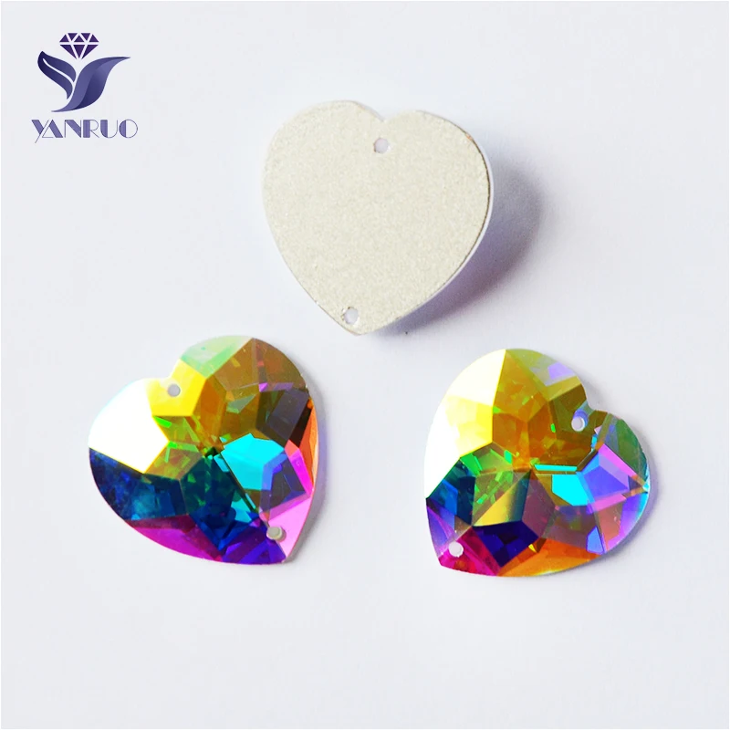 YANRUO 2203TH All Sizes AB Heart Flat Back Glass Strass Sew On Stones DIY Crystal Rhinestones For Wedding Decoration