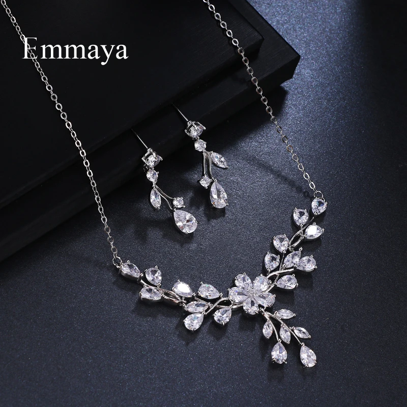 Emmaya Brand Luxury Plant Cubic Zircon Water Drop Pendant Crystal Earrings Necklace Set For Women Popular Bride Jewelry Gift