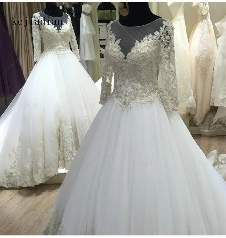 Vestido de novia de manga larga de encaje de princesa de lujo, traje de baile de talla grande, 2021