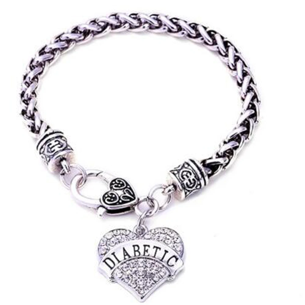 DIABETIC Bracelets Awareness Medical Alert Charm Bracelet White Rhinestone Heart for women