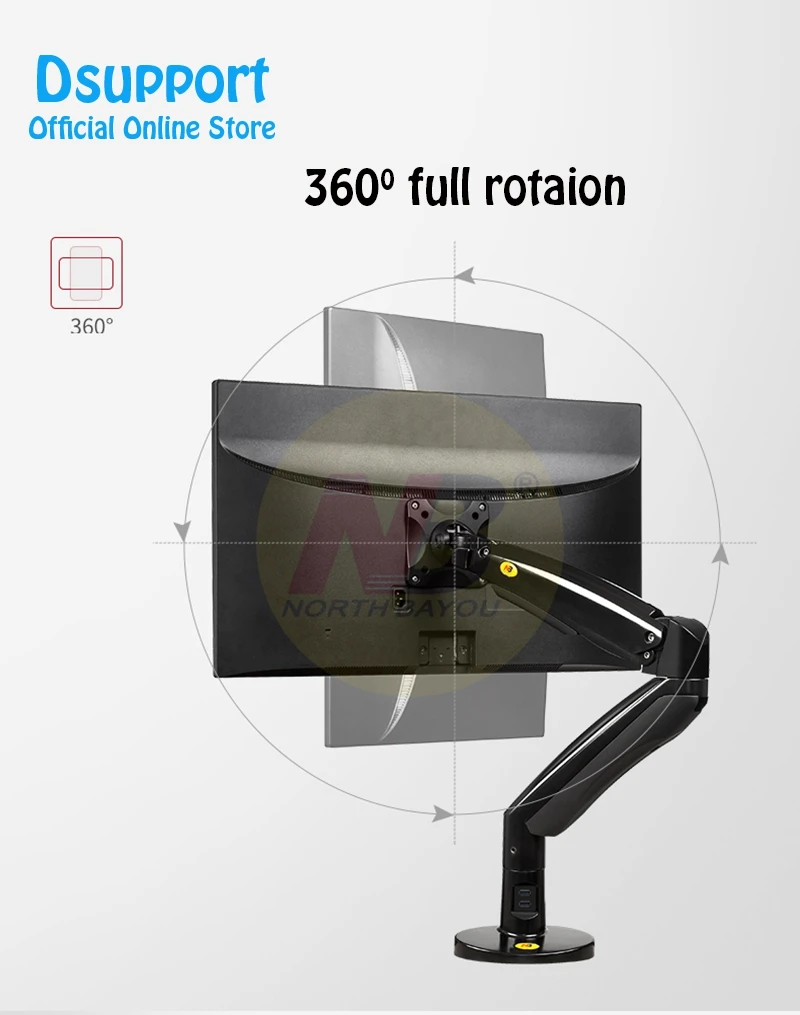 NB F100A Gas Spring Arm 22-35 inch Screen Monitor Holder 360 Rotate Tilt Swivel Desktop Monitor Mount Arm with Two USB Ports