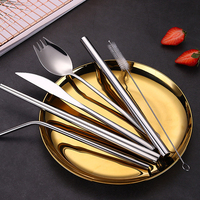 7pcs Stainless Steel Tableware Set Cutlery Knife Forks Chopsticks Drinking Straw Cleaning Brush Dinner Reusable Travel with Bag