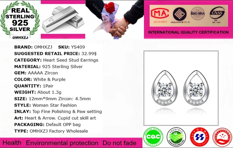 OMHXZJ Wholesale Sweet Lovely Fashion OL Woman Girl Wedding Two Choice Heart Seed Zircon 925 Sterling Silver Stud Earrings YS409