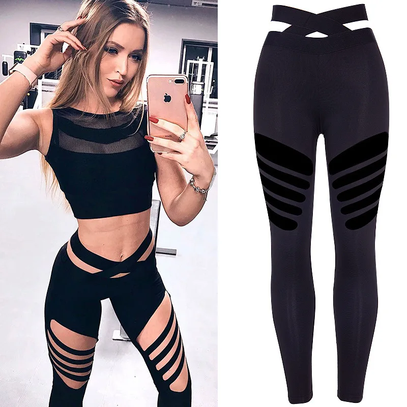 

BKLD 2024 Summer New Women Solid Black Leggings Sexy Hollow Out Fitness Leggings Push Up Workout Female High Waist Pants