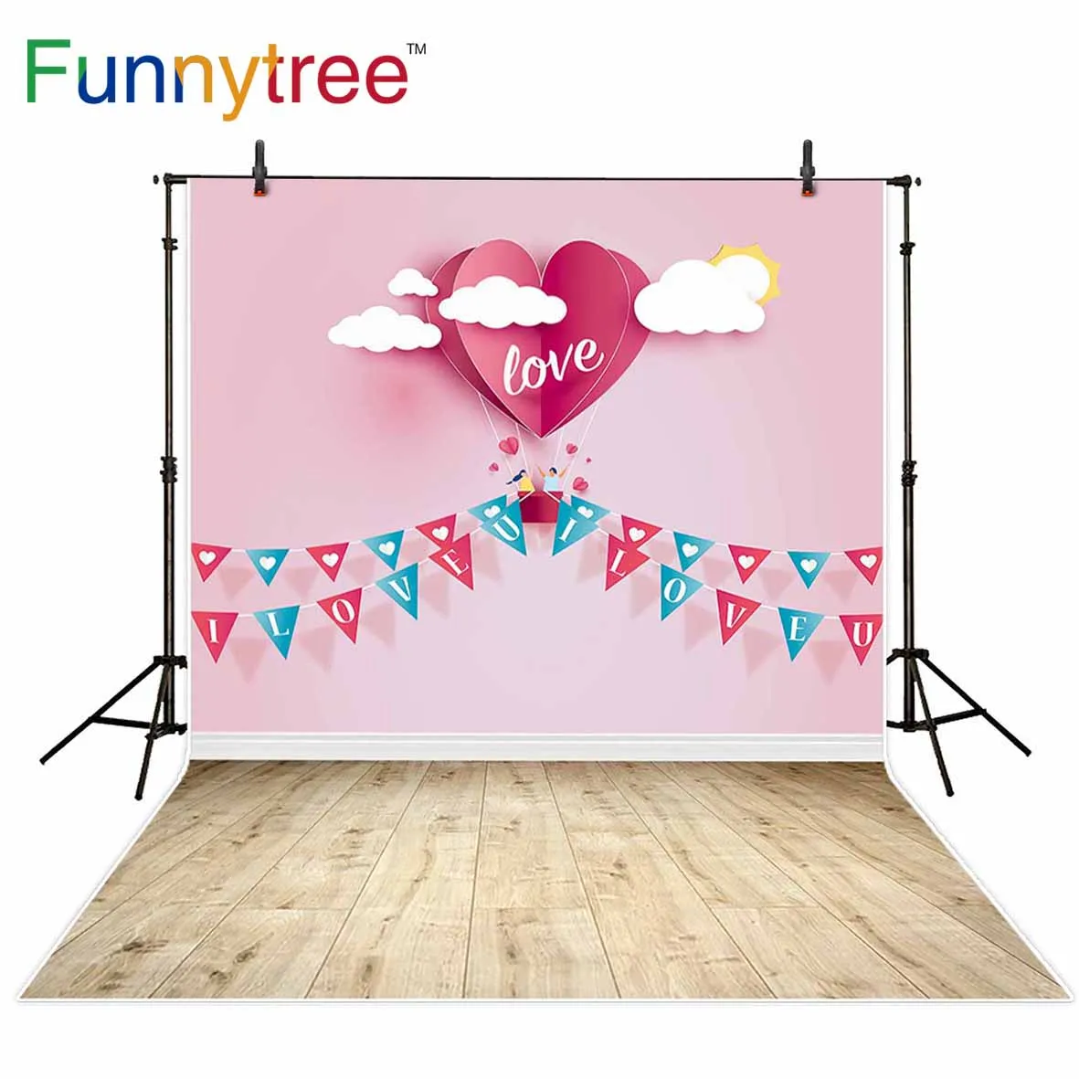 Funnytree 배경 사진 스튜디오 발렌타인 사랑 뜨거운 공기 풍선 핑크 플래그 전문 배경 photocall photobooth