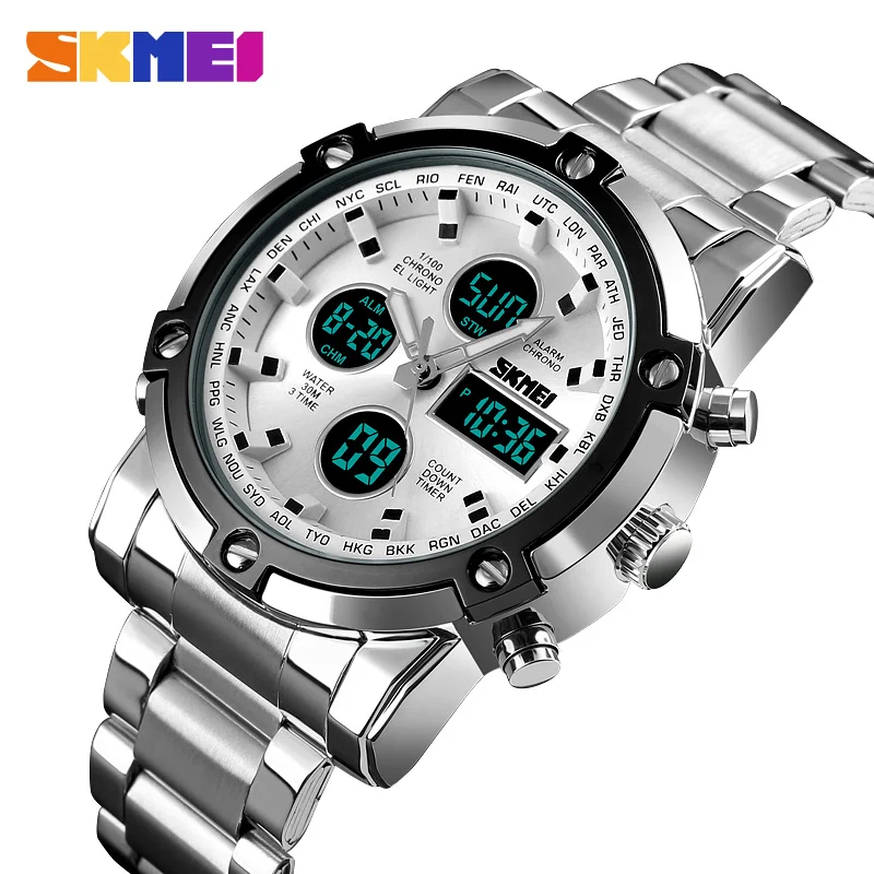 Men\'s Watches Dual Display LED Digital Waterproof Full Steel Quartz Watch Men Clock Luxury Brand Relojes SKMEI 2018