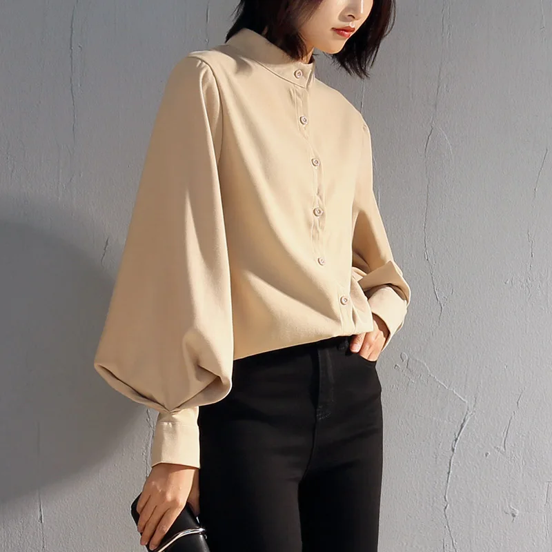 Long Wide Lantern Sleeve Blouse Women Tops and Blouses Vintage Stand Collar Button Down Shirts Female 2019 Spring Fashion Tops