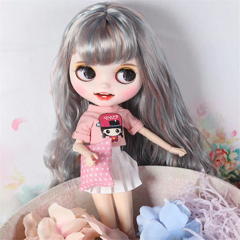 ICY DBS Blyth Doll For Series No.BL6227/2023 Silver mix Blue hair Carved lips Smile Matte face Joint body 1/6 bjd