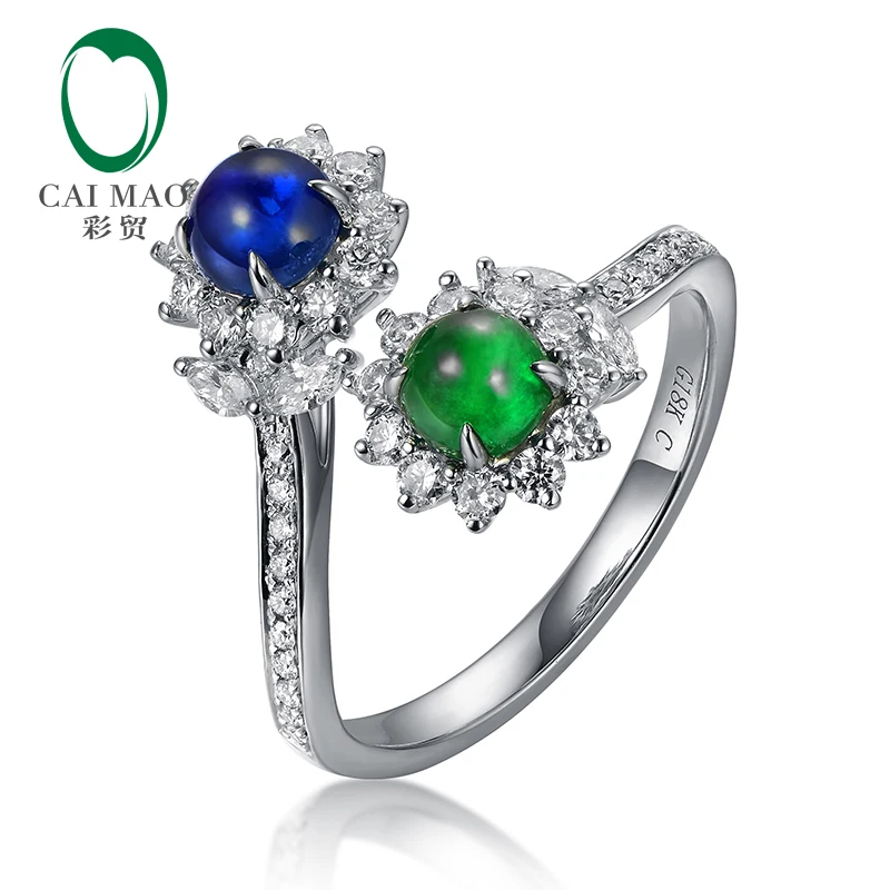 

CAIMAO Natural Cabochon Cut Emerald and Sapphire Halo H SI Brilliant Diamonds Engagement Wedding Ring for Annivesary Finegems