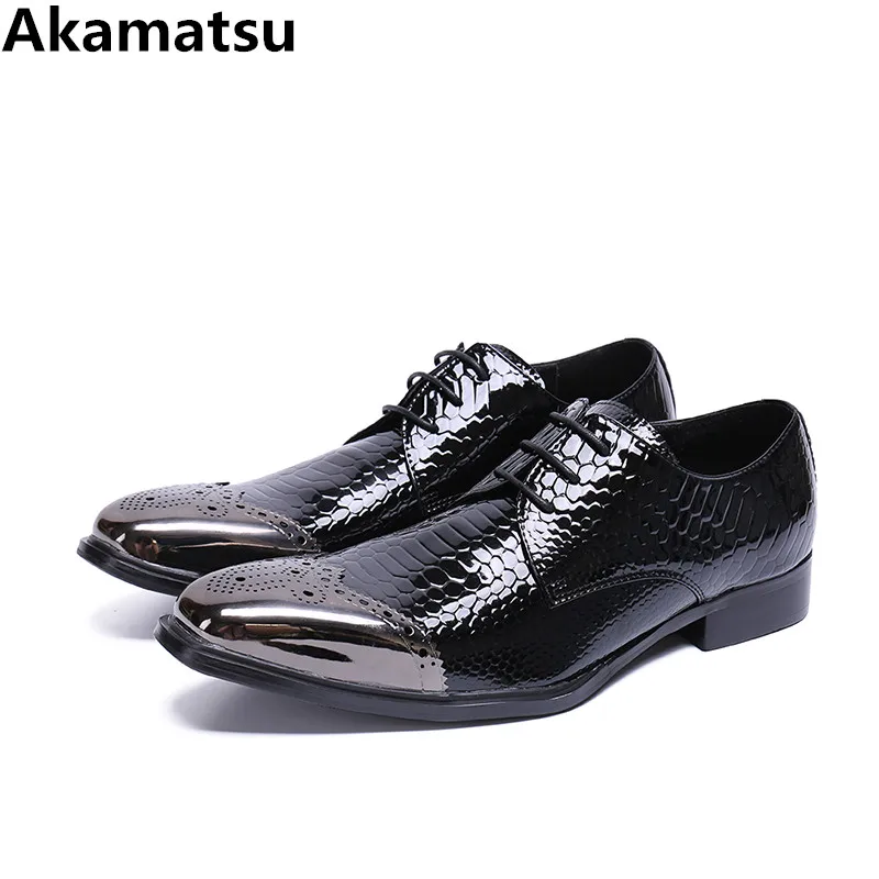 Top quality classic mens patent leather black shoes steel toe business brogues crocodile skin elegant prom formal wedding shoes