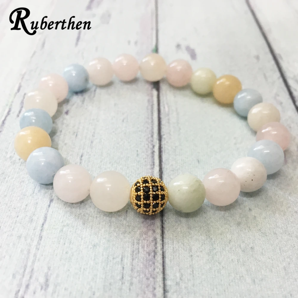 Ruberthen A Grand 8 mm Genuine Stone Bracelet Wrist Yoga Mala Morganite Agate Bracelet for Women Feminine Power Jewelry