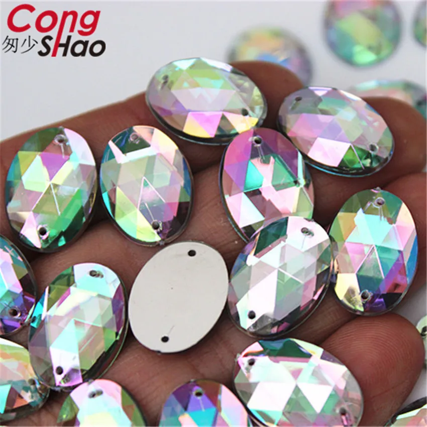 Cong Shao 100Pcs 13*18mm Oval Crystal Acrylic Rhinestone trim sewing 2 Hole Flatback Stone for Clothing Craft Accessories CS254