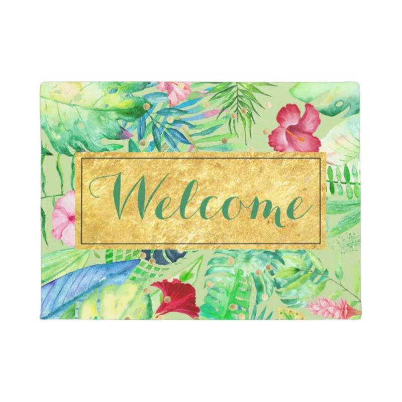 

Green watercolor tropical jungle welcome doormat Home Decoration Entry Non-slip Door Mat Rubber Washable Floor Home Rug Carpet