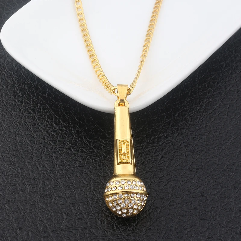 SG HIP Hop Gold Color Ice Out Bling Music Stereoscopic Microphone Pendants Necklaces For Men Women Jewelry