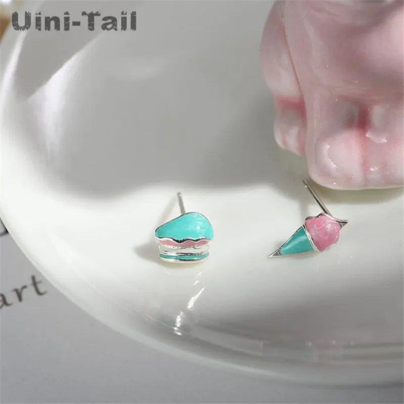 Uini-Tail hot new 925 Tibetan silver Korean version of the small asymmetric cake ice cream stud earrings fashion cute earrings