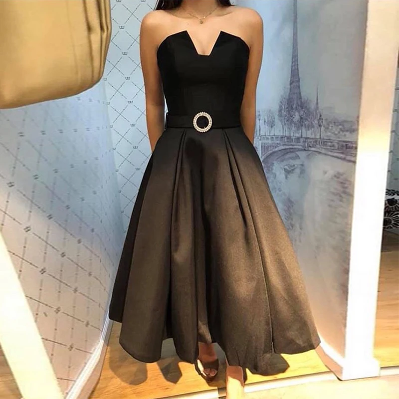 

Strapless Black Ankle Length Prom Dress Draped Skirt Simple Satin A-line Women Formal Party Dresses Cheap Short Prom Gowns