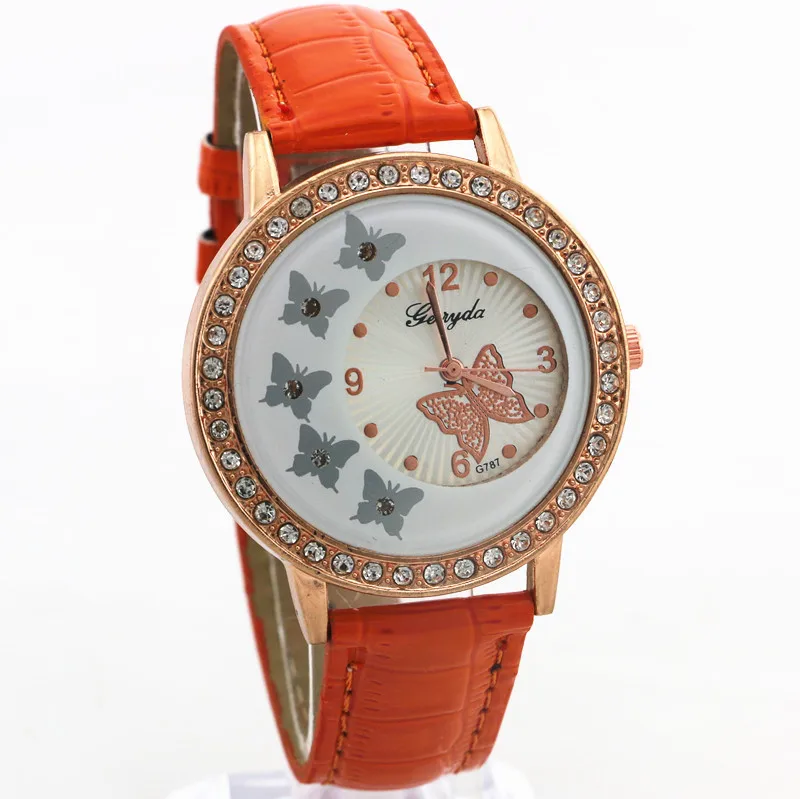 Butterflies imprint on glass and dial,crystal deco gold plate case,PVC leather band,Gerryda fashion woman lady quartz watch,G787