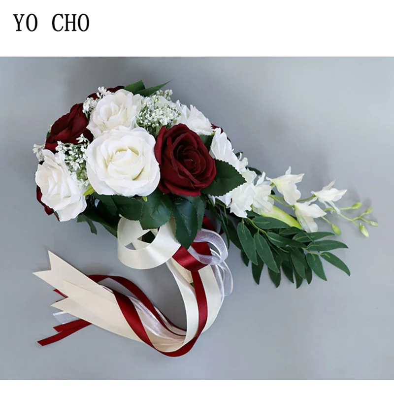 YO CHO Bride Wedding Bouquet Bridesmaid Waterfall Wedding Flower Vintage Rose Flower Marriage Party Supplies Luxurious Bouquet