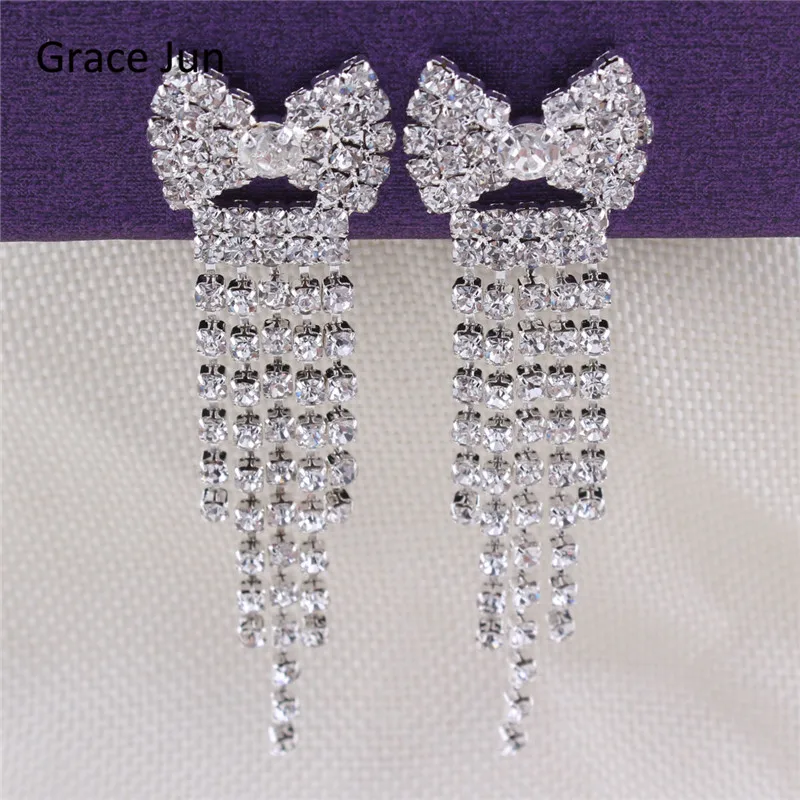 Grace Jun16 Colors Rhinestone Crystal Tassel Clip on Earrings Non Piercing for Women Charm Chandelier Jewelry Ear Clip Xmas Gift