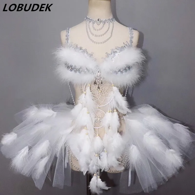 White Feather Crystals Bikini Bubble Skirt Sexy Stage Wear Nightclub Bar Performance Dance Costume Party Festival Rave Outfits