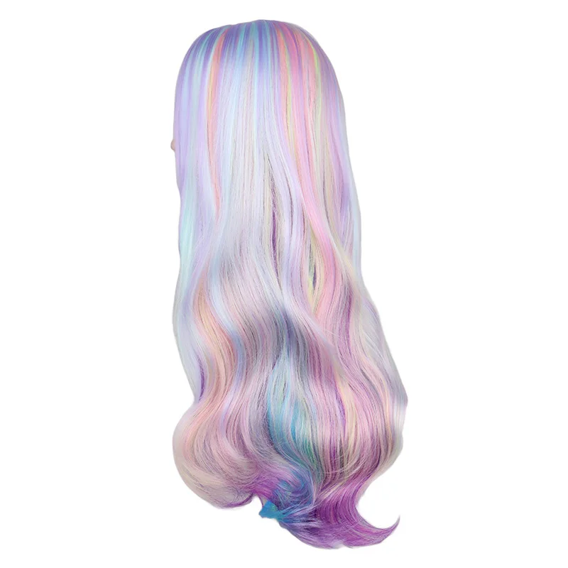 QQXCAIW Rainbow Colorful Long Wavy Wig Cosplay Party Women Heat Resistant Synthetic Hair Wigs