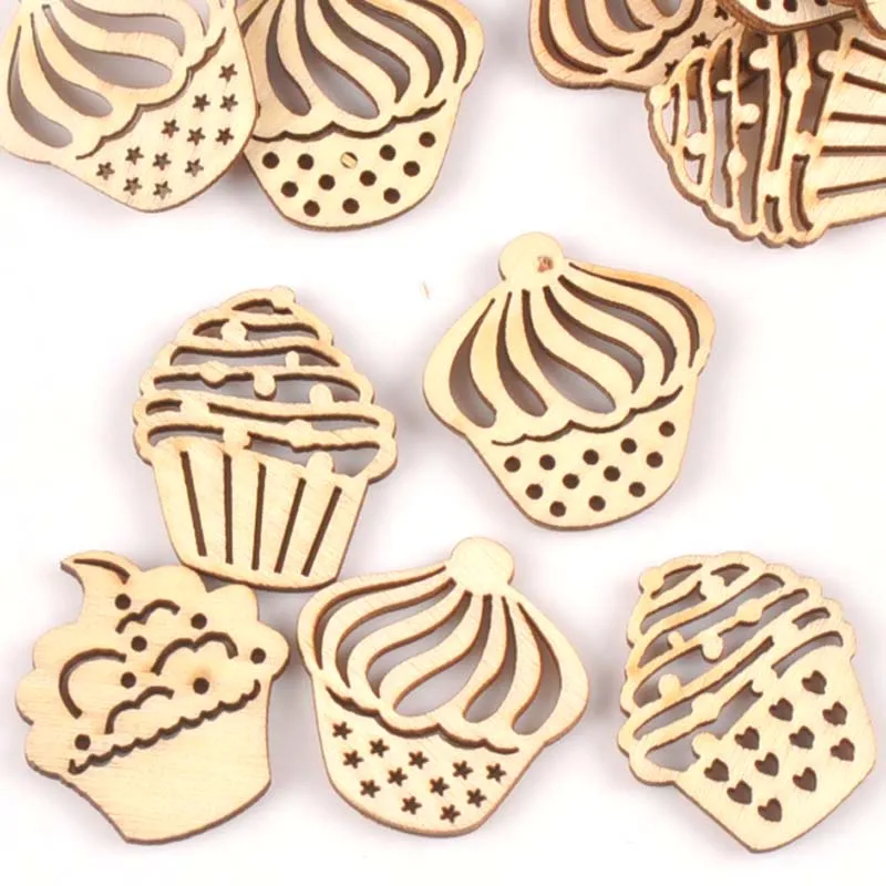 25pcs Della Miscela Scava Fuori Della Torta di Legno Ornamento FAI DA TE Fette di Artigianato Decorazione Della Casa Scrapbook di Legno Non Finiti