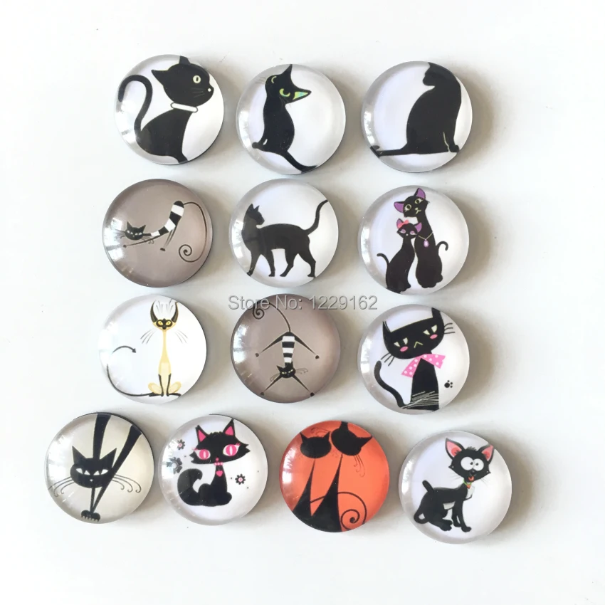 Free Shipping (13pcs/lot) Black Cat Round Glass Fridge Magnet Cartoon Animal Message sticker for kids Kitchen home Decor