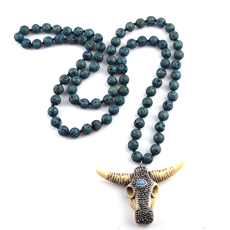 Fashion Bohemian Tribal Jewelry Multi Lava Stones Long Knotted Handmade Paved Bull Head Pendant Necklace For Women