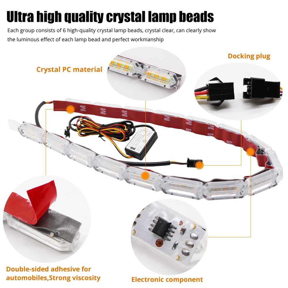 2pcs Flexible LED Strip DRL Daytime Running Light Turn Signal Waterproof Flowing White Yellow Car Front Headlamp Driving Light