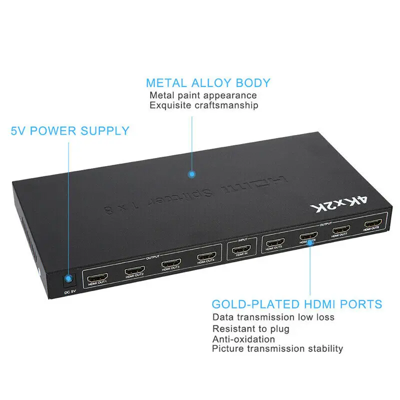 Ultra HD 4K HDMI Splitter 1X8 8 Port Repeater Amplifier Hub 3D 1080p 1 In 8 Out