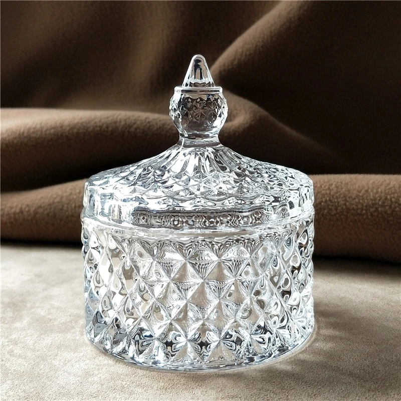 Shining Embossed Pattern Crystal Glass Jewellery Storage Box Decorative Candy Jar Organizer Glassware Gift and Craft Accessories